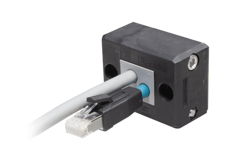 Black DES L1 cable entry frame with grey cable and connected RJ45 connector