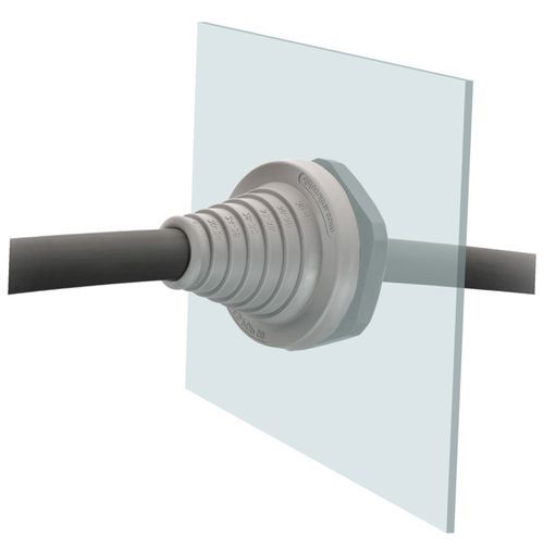 Grey cable entry plate with one black cable running through it