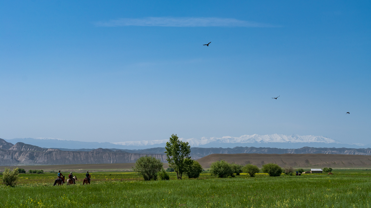 Paesaggio nei dintorni del villaggio di Jangy Talap, nella valle del fiume Naryn in Kyrgyzstan