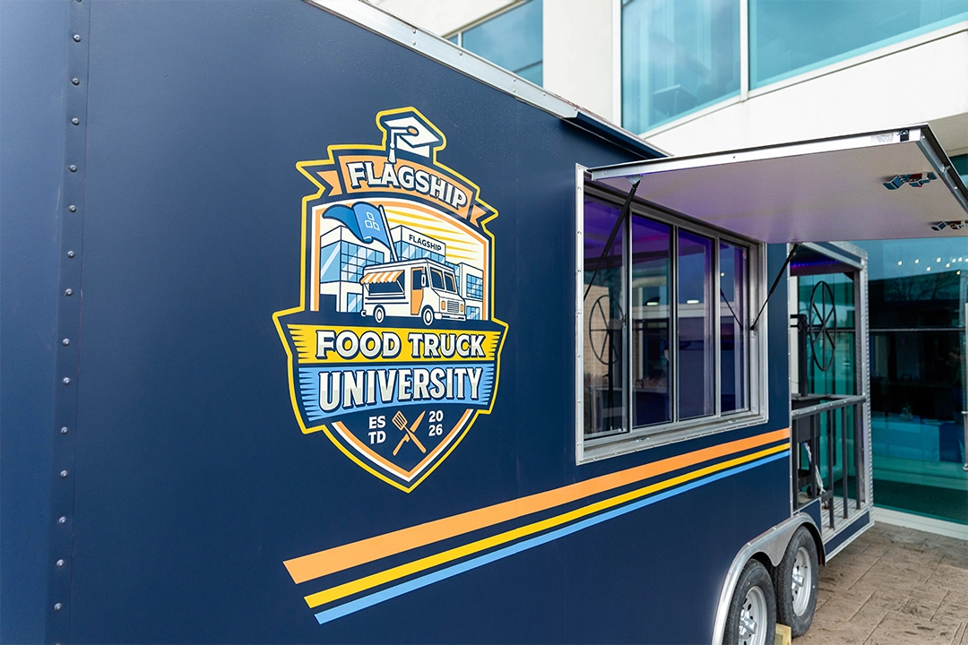 Flagship Food Truck University food truck in front of the Flagship building