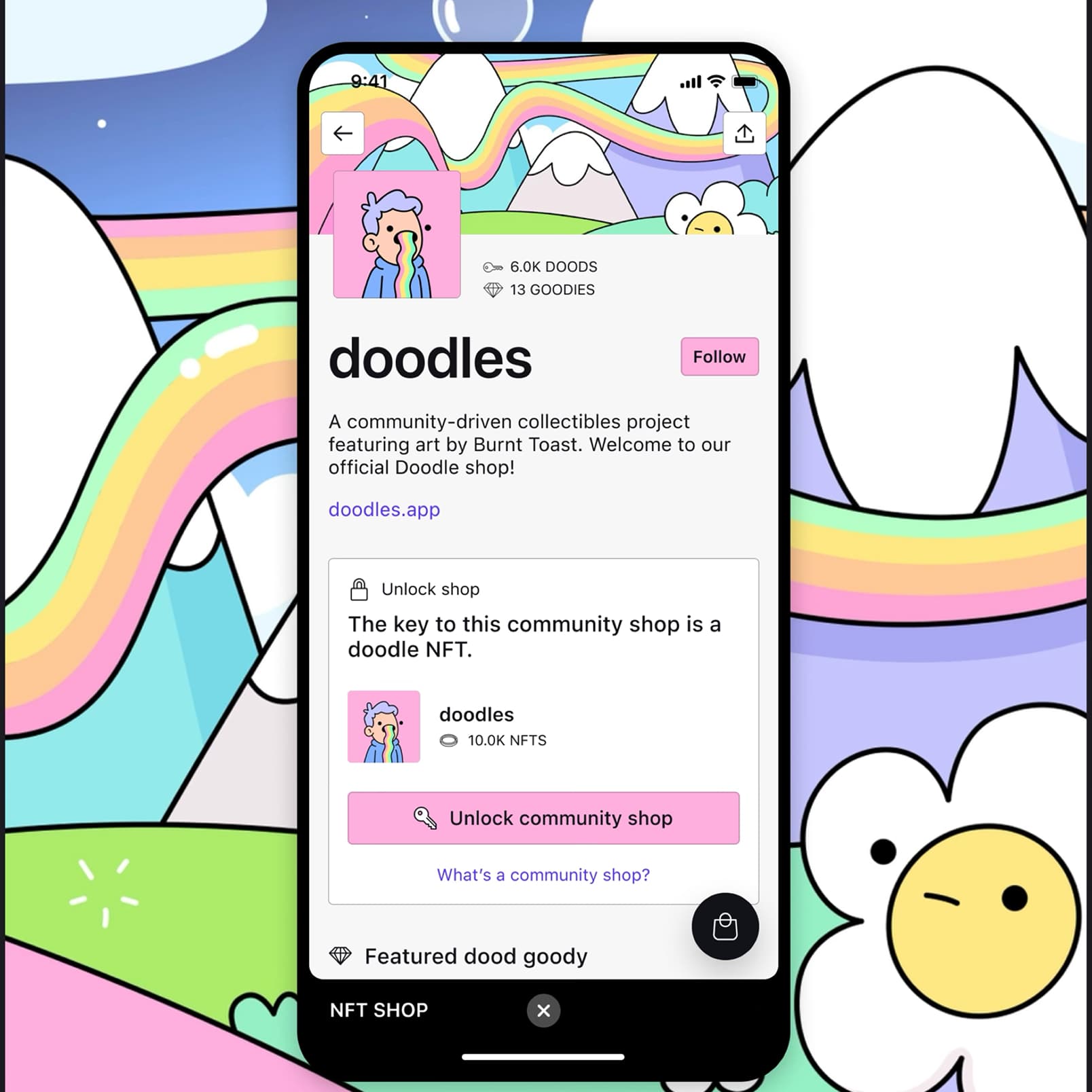 a photo over the shoulder of a man holding a phone with the shop app on screen