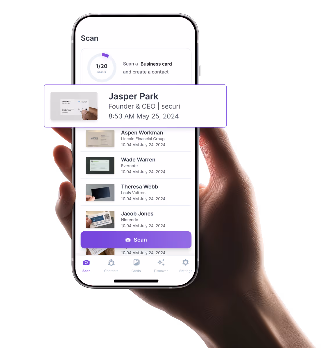 HiHello app scanning business cards on mobile, showing digital contact capture and organization