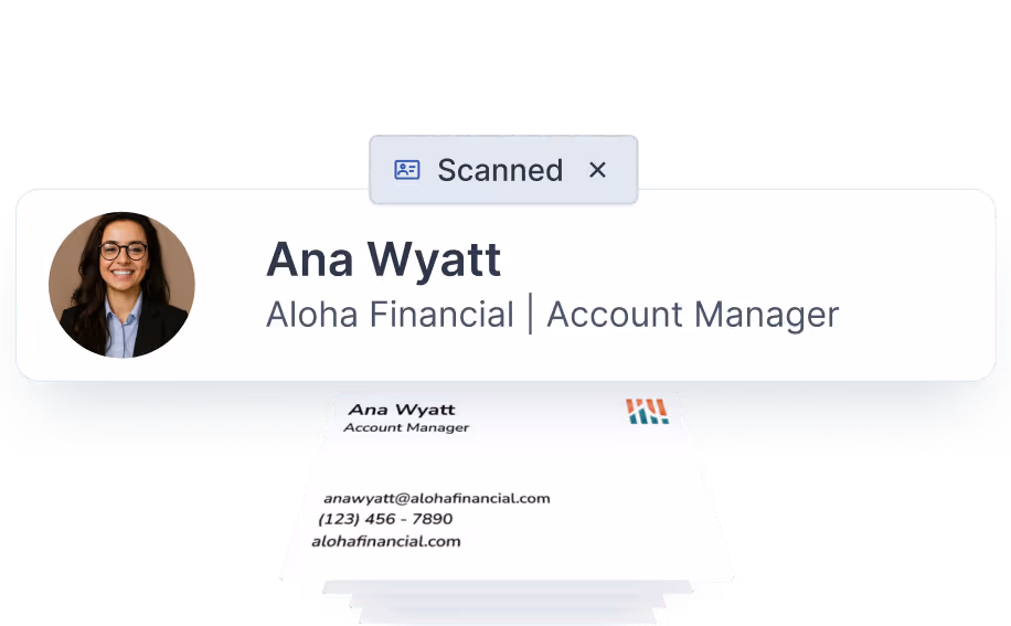 HiHello graphic showing scanned contact card with contact details
