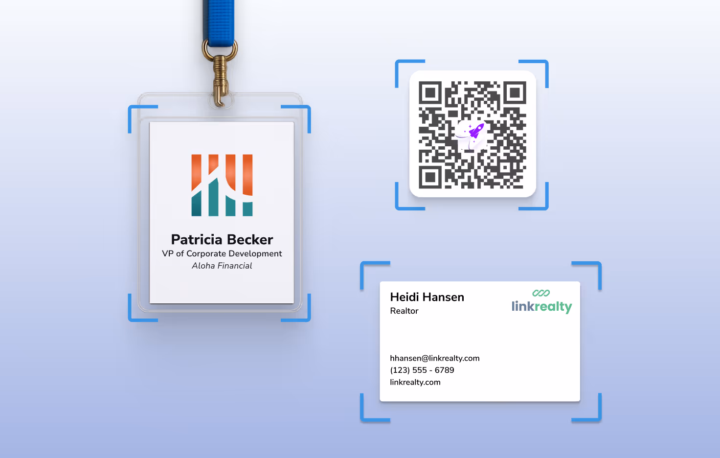HiHello scanning examples including event badge, QR code, and business card for contact capture