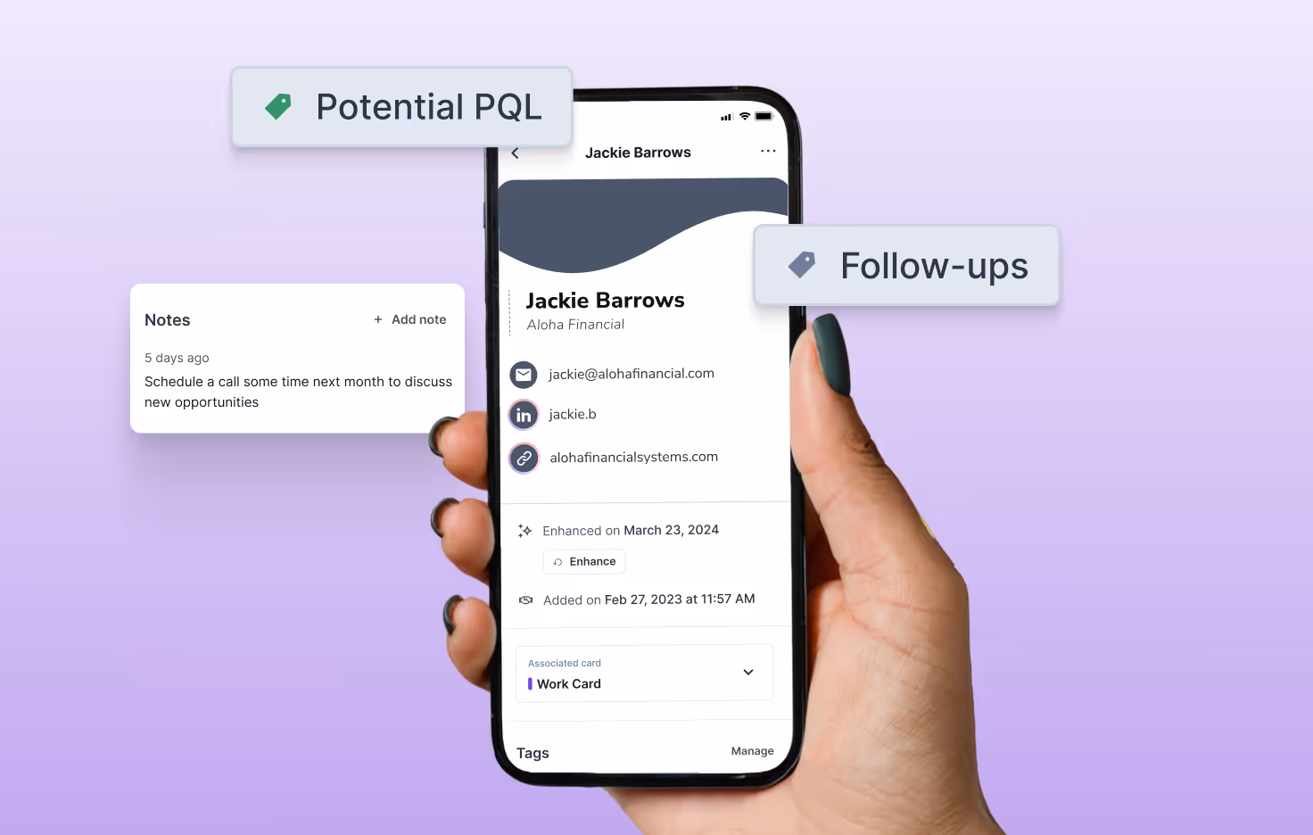 HiHello app showing contact notes, potential PQL tag, and follow-up reminders