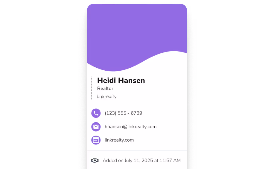 HiHello contact details screen showing saved contact information
