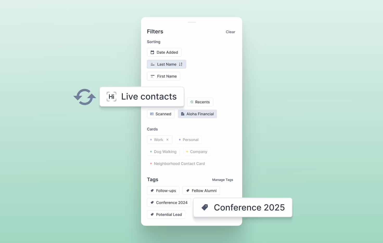 HiHello interface showing Live Contacts filter and conference tag on a green background