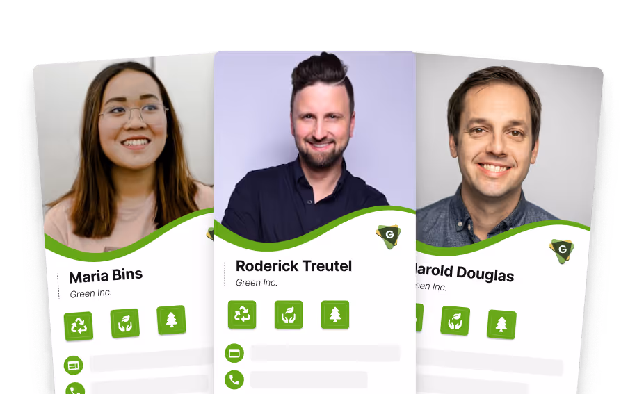 HiHello digital business card examples for team members with profile photos and contact icons
