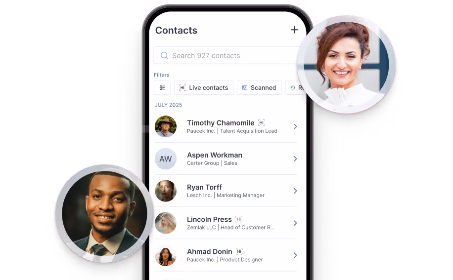 HiHello Business Contact Manager interface on a phone with profile images around it