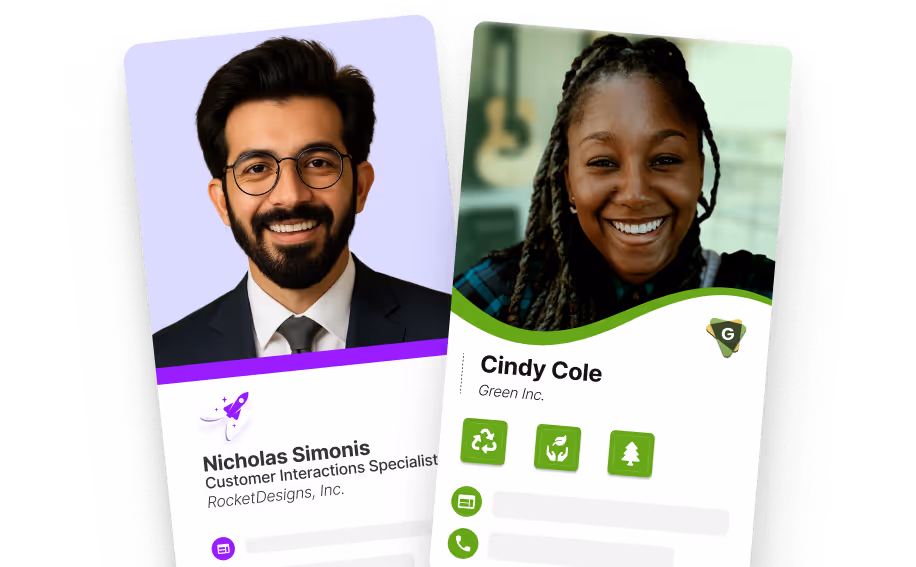 Examples of HiHello digital business cards with user photos and contact details