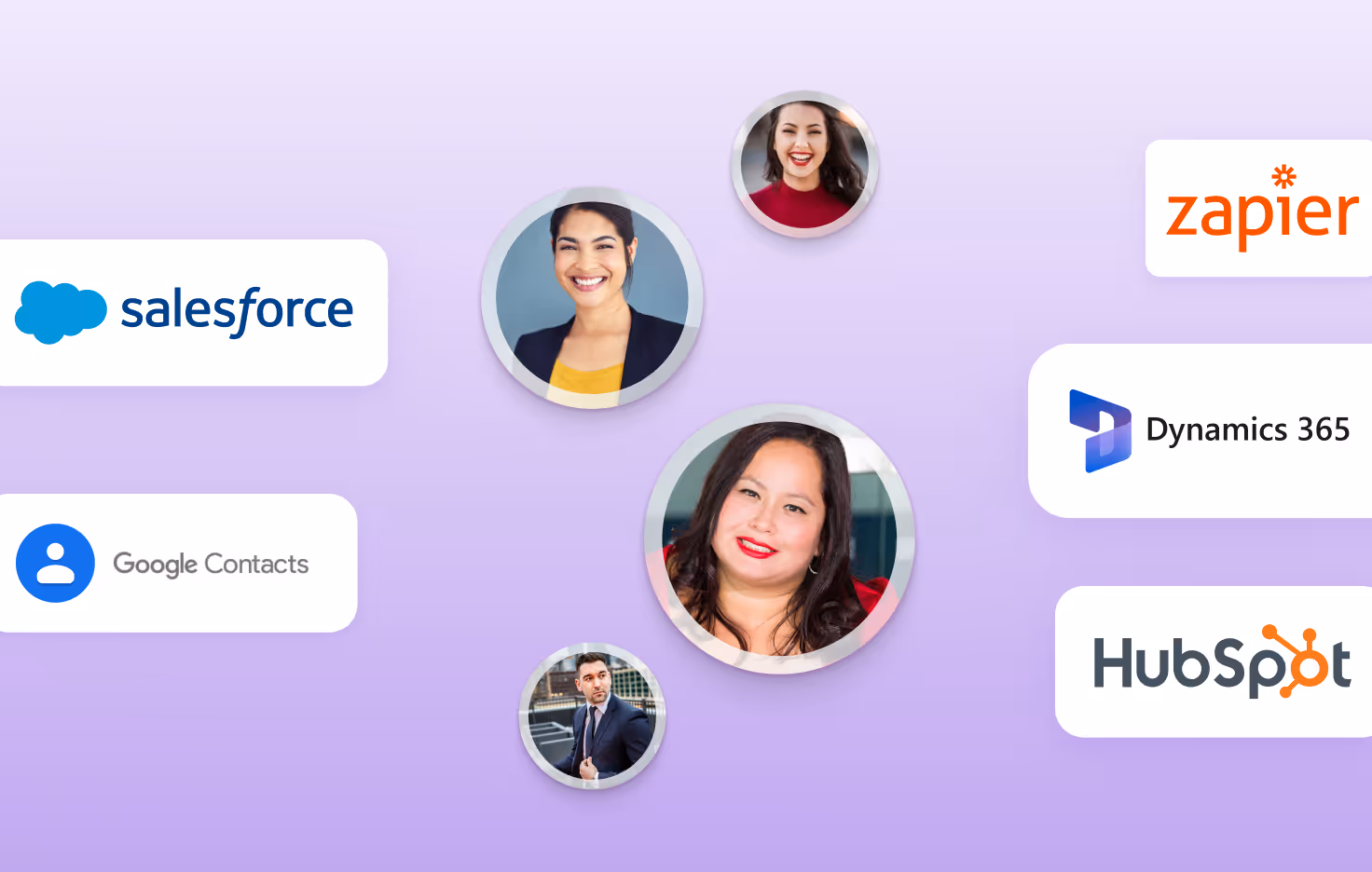 Profile photos surrounded by logos of Salesforce, HubSpot, Google Contacts, Zapier, and Dynamics 365 on a purple background, showing HiHello CRM integrations