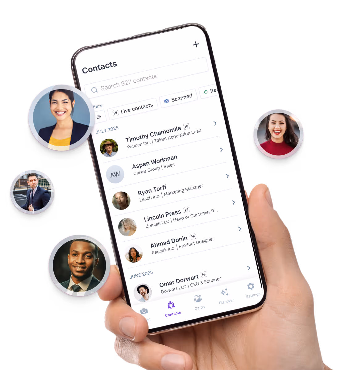 Hero graphic showing HiHello’s Business Contact Manager interface with contact profiles
