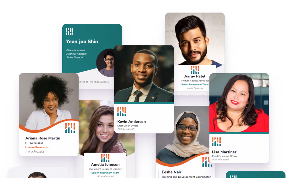 Stack of HiHello digital business cards showing different professional profiles.