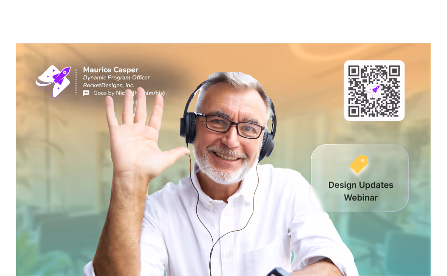 Man at a virtual webinar using HiHello to share a digital business card with a QR code.