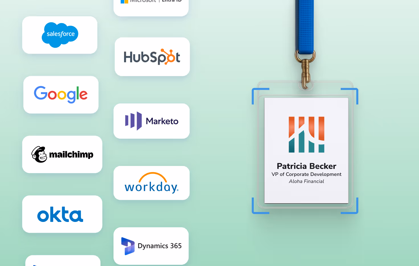 Event badge surrounded by logos of CRM and marketing integrations like Salesforce, HubSpot, and Marketo.