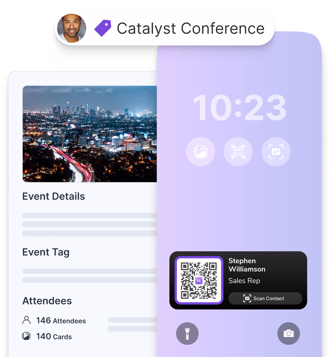 HiHello lead retrieval interface showing Catalyst Conference details, attendee stats, and a digital business card QR code.