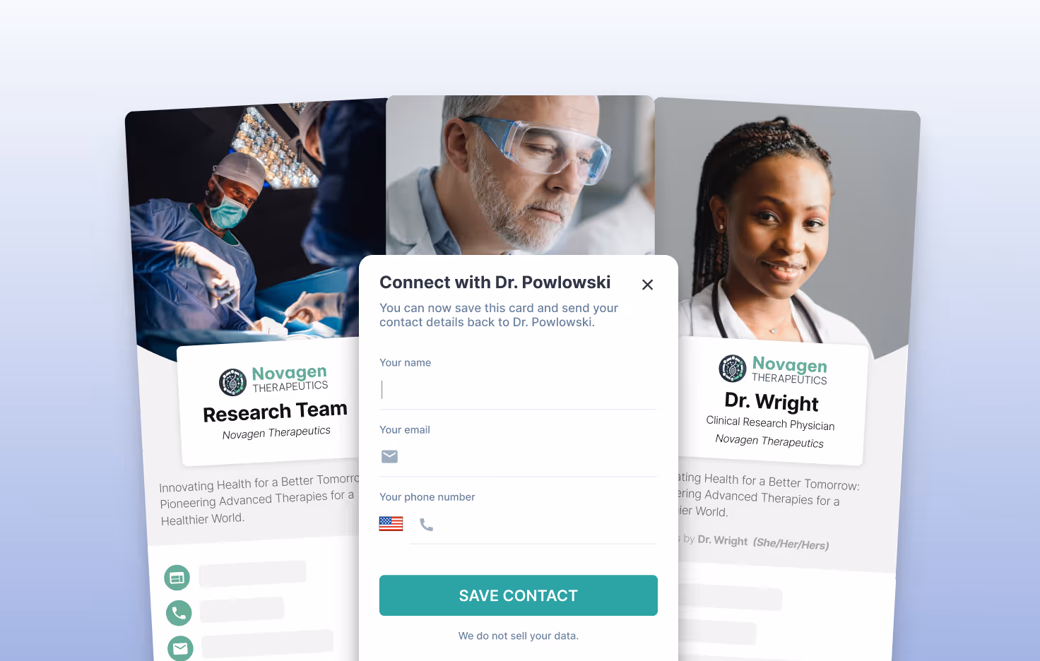 HiHello digital business card examples for healthcare teams showing customizable lead capture form and contact exchange