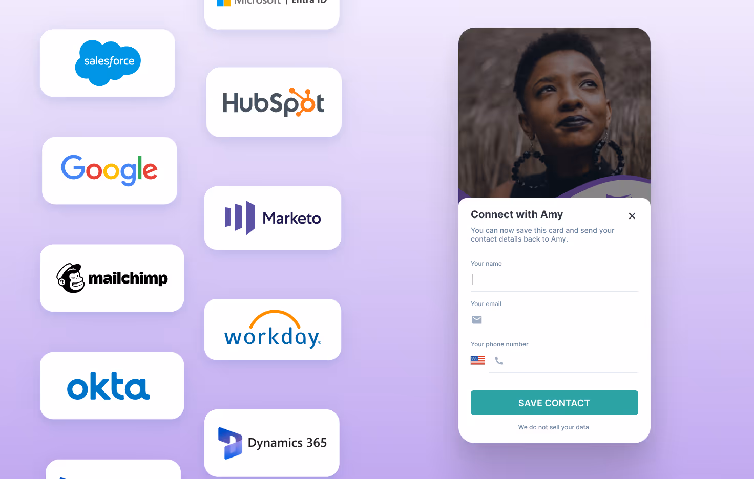 HiHello CRM integrations illustration featuring platforms like Salesforce, HubSpot, Marketo, Google, and Okta alongside lead capture example