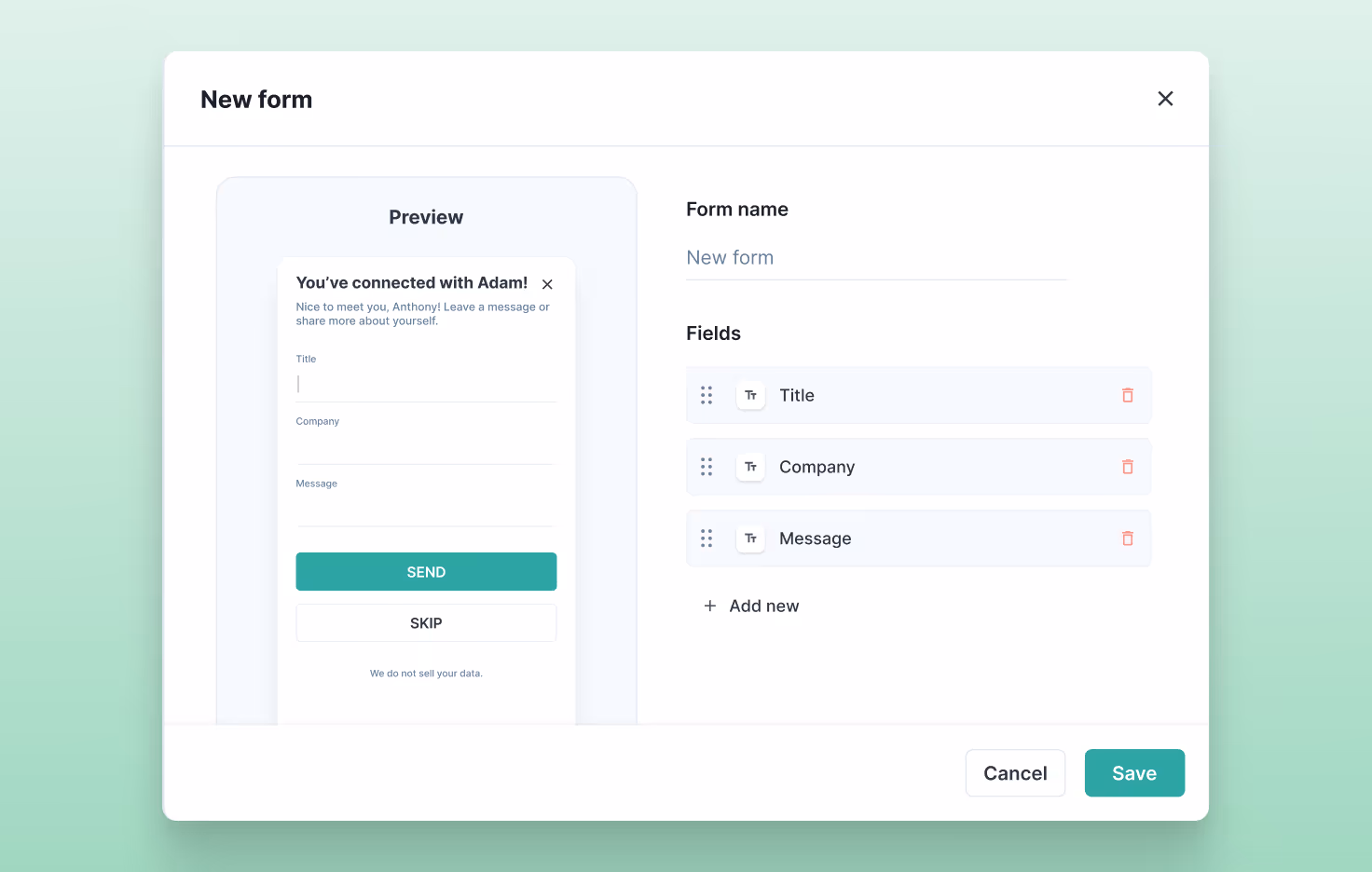 HiHello lead capture form customization interface with editable fields for title, company, and message