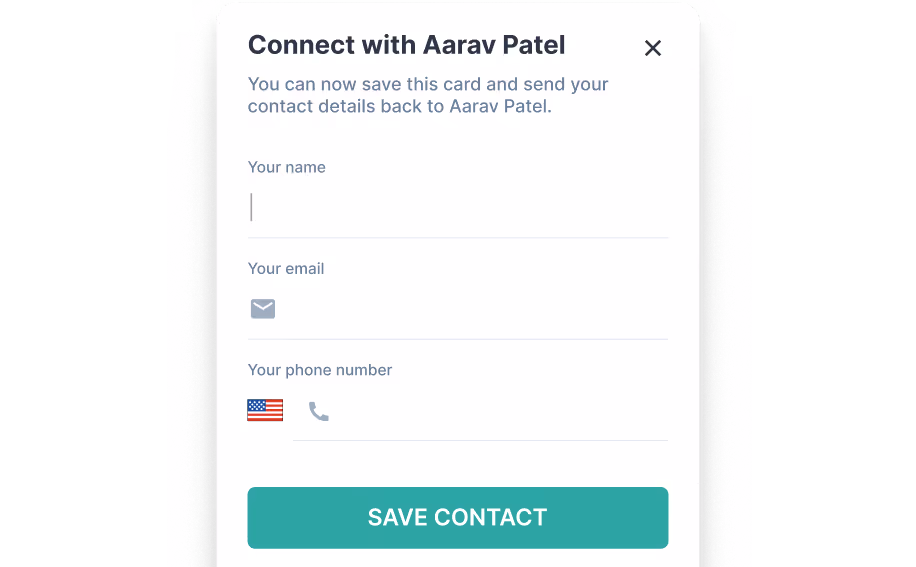 HiHello lead capture form interface where recipients enter contact details to send back