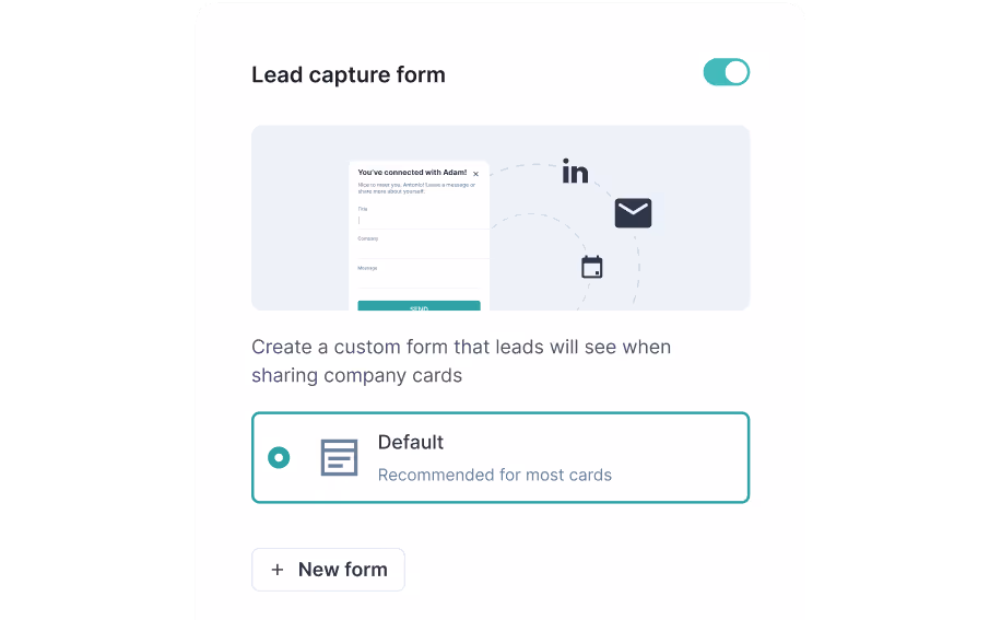HiHello admin dashboard showing configuration of customizable lead capture forms