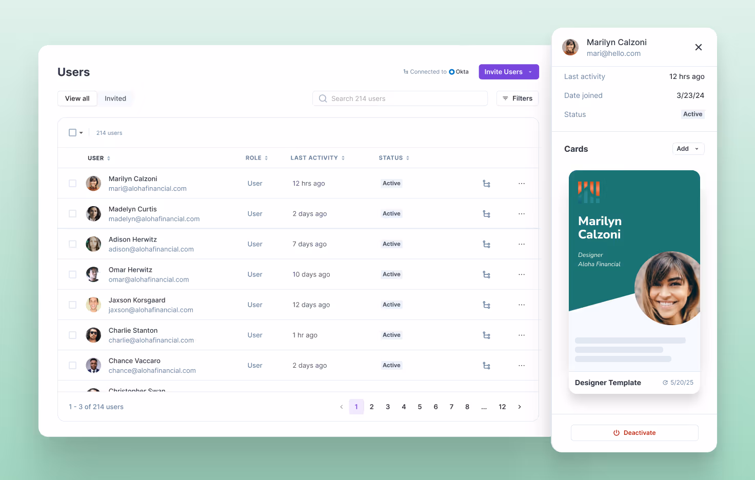HiHello admin dashboard showing user list and an individual’s digital card preview, illustrating precise offboarding and centralized access management