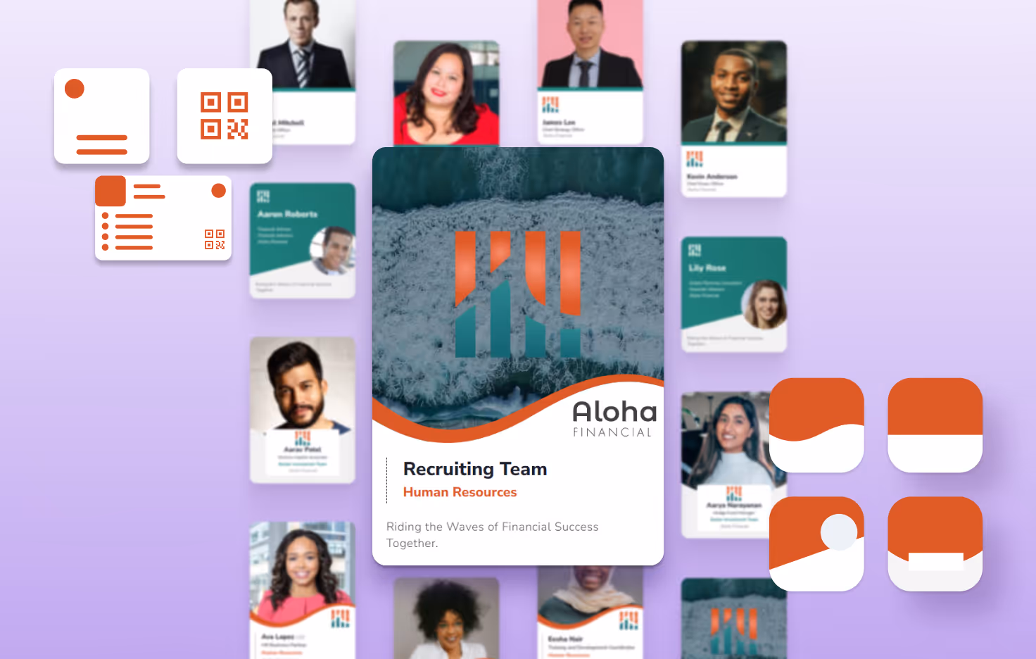 Grid of HiHello digital business cards and branded templates showcasing automatic template application and consistent design across teams