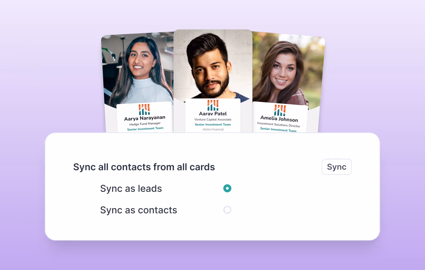 HiHello digital business cards with a contact sync interface showing options to sync as leads or contacts.