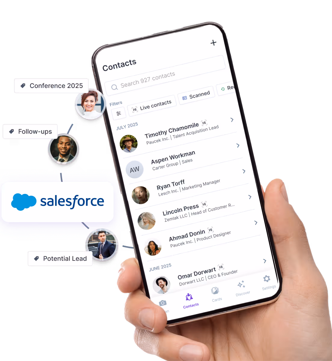 Hand holding a smartphone displaying a HiHello contacts list syncing new leads and tags into Salesforce