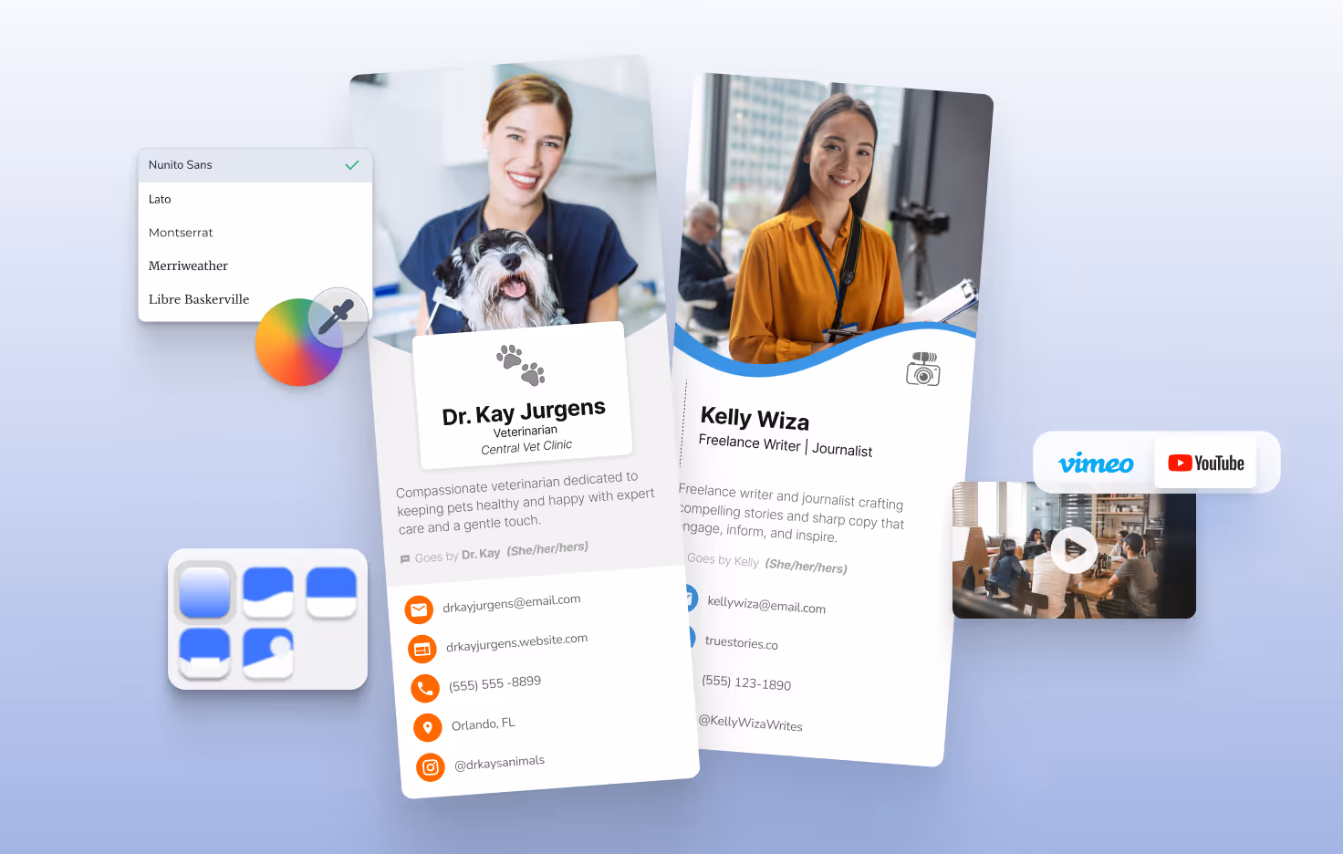 Digital business card examples showing customization options for branding, colors, layout, and multimedia links like YouTube and Vimeo
