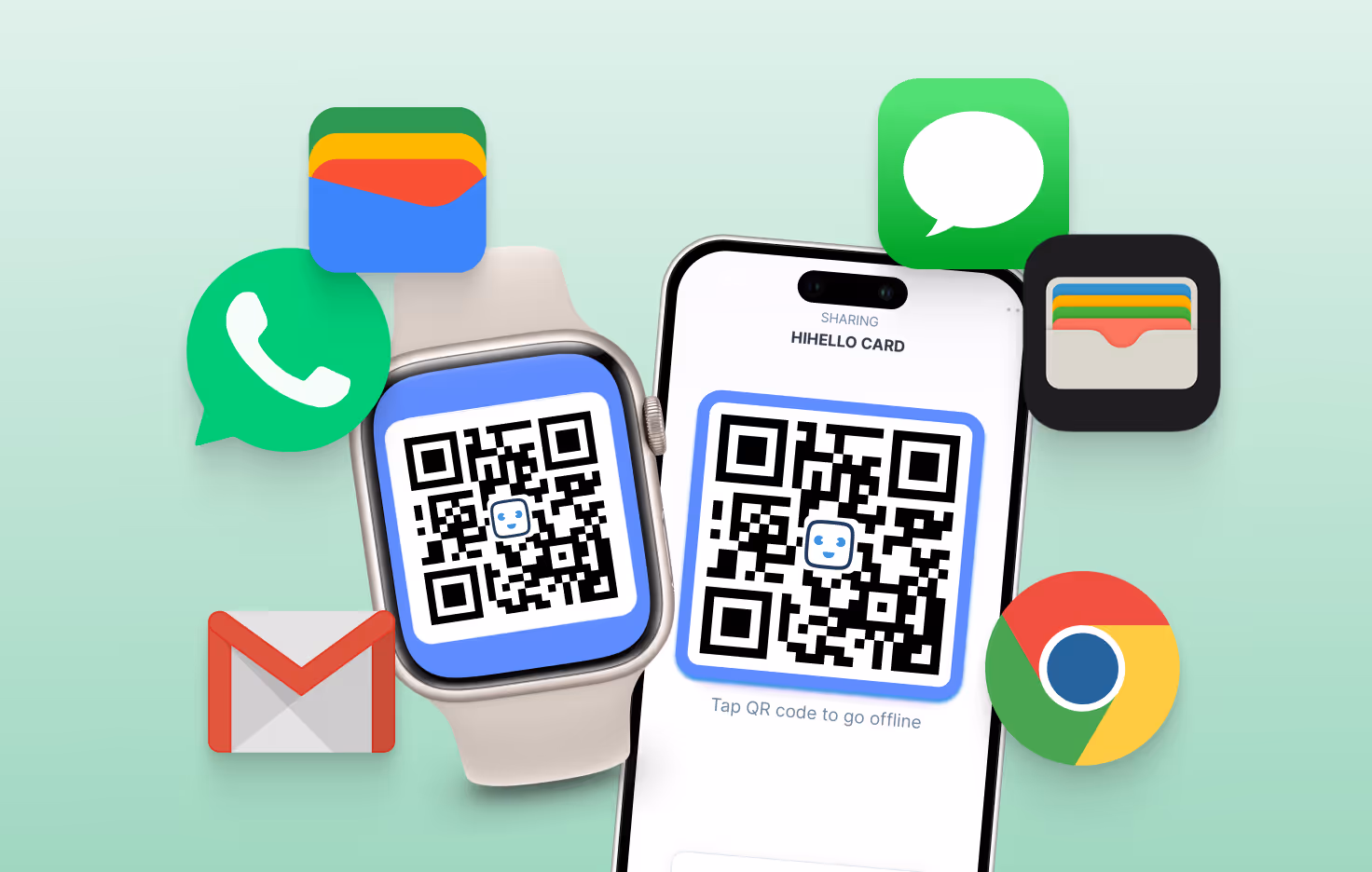 Digital business card displayed on a phone and smartwatch, surrounded by icons for Gmail, WhatsApp, Apple Wallet, Google Wallet, and Chrome, showing cross-platform sharing options