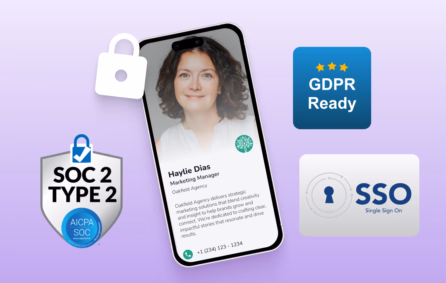 Digital business card shown on a phone with SOC 2 Type II, GDPR, SSO, and privacy lock icons, highlighting HiHello’s security and data protection features