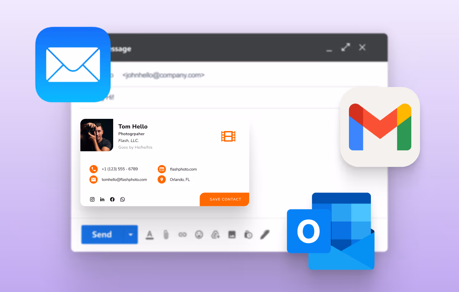 HiHello email signature template works across Gmail, Outlook, Apple Mail, and more with no design required