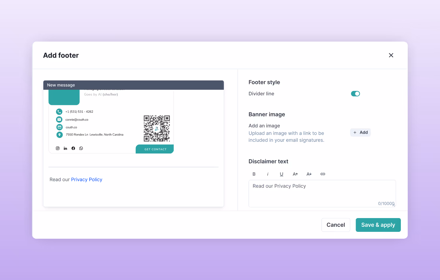 HiHello Email Signature Manager showing footer and disclaimer setup with privacy policy link for compliance management.