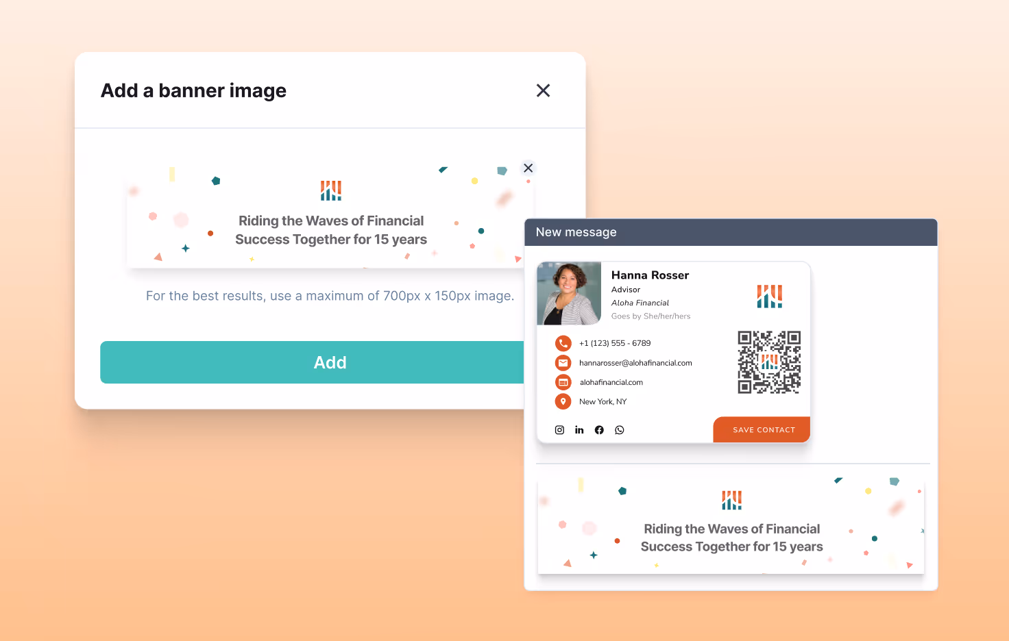 HiHello Email Signature Manager showing banner setup and branded signature preview to drive marketing value and engagement.