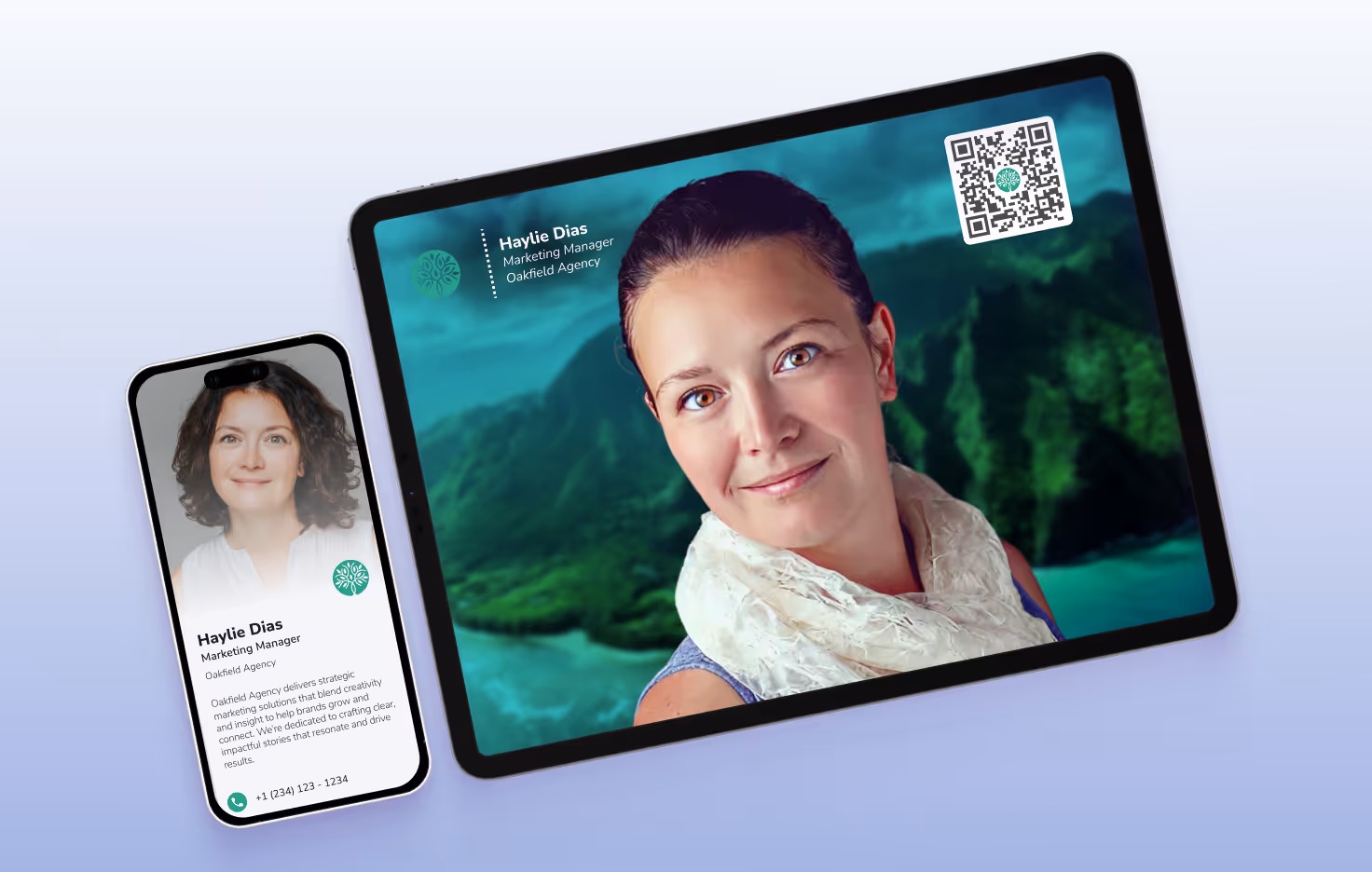 HiHello virtual background and digital business card shown on tablet and phone, highlighting automatic sync of name, title, logo, and QR code