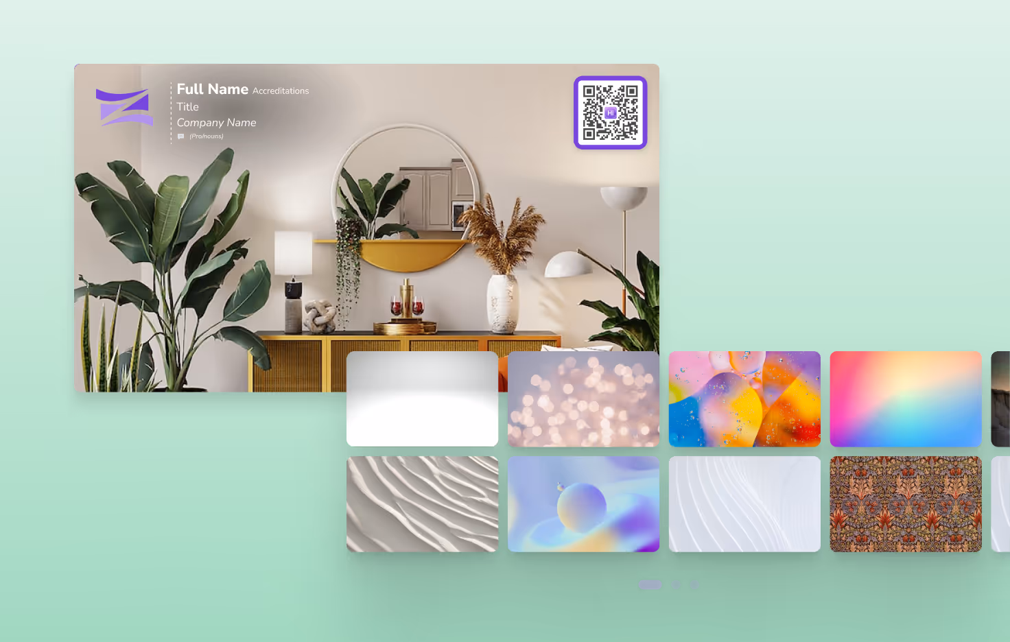 HiHello virtual background with multiple image options, showing customizable layouts and consistent branding pulled from a digital business card