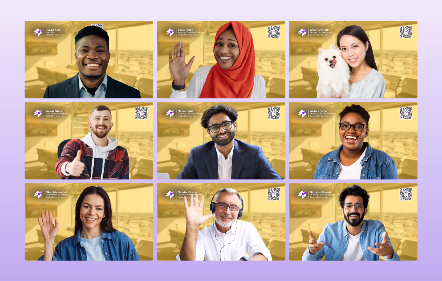 Grid of employees on video calls using consistent HiHello virtual backgrounds with logos, titles, and QR codes for brand alignment