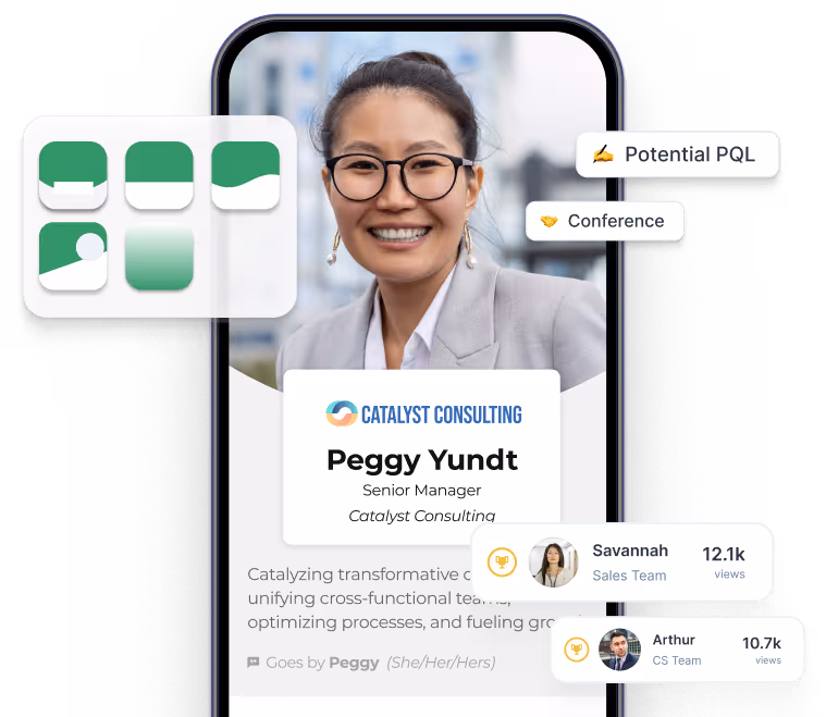 HiHello Business mobile dashboard showing a digital business card for a team member with profile details, icons for email signatures and virtual backgrounds, and contact engagement stats.