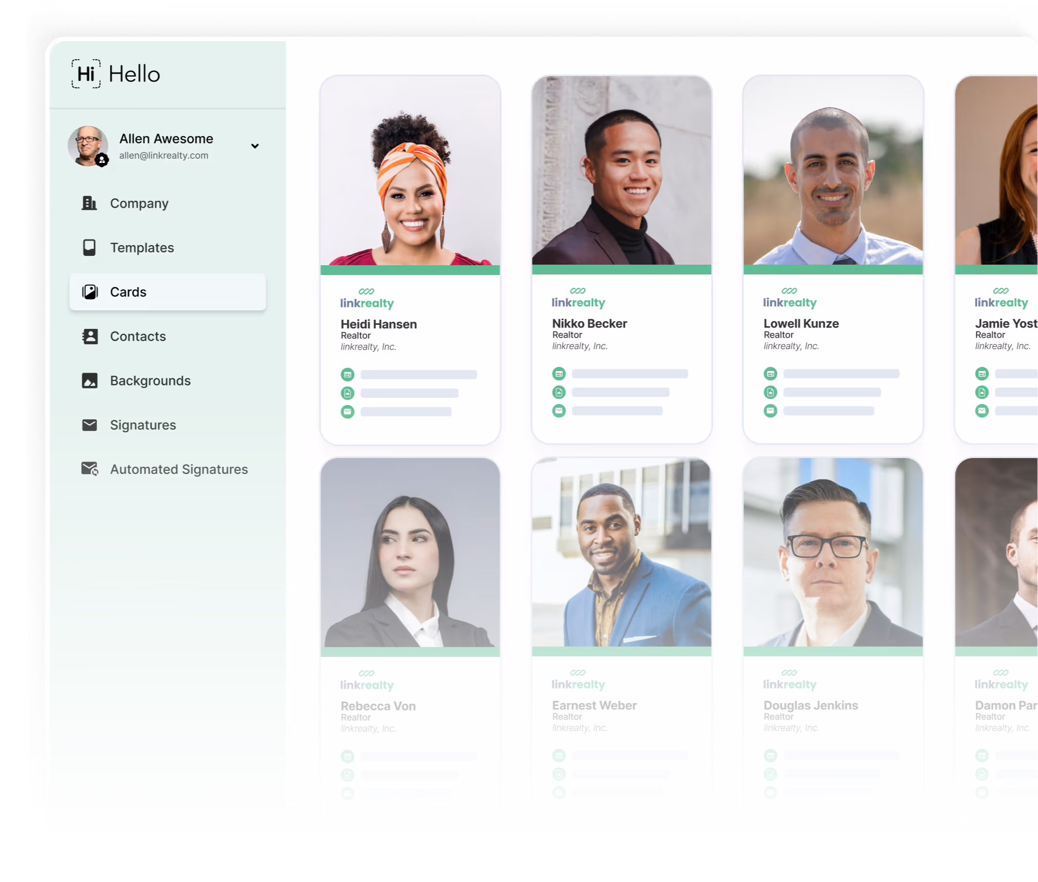 HiHello Business dashboard showing team member digital business cards, templates, and branding tools for managing contacts, email signatures, and virtual backgrounds.