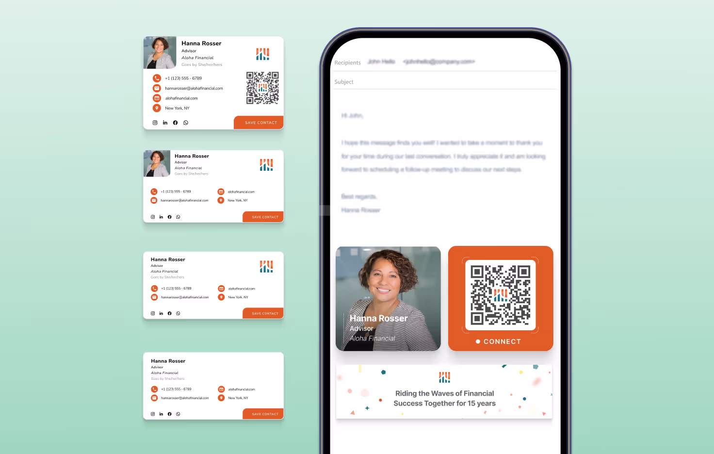 HiHello Email Signature Manager example showing email preview with branded signature, team profiles, and QR code for company-wide consistency.