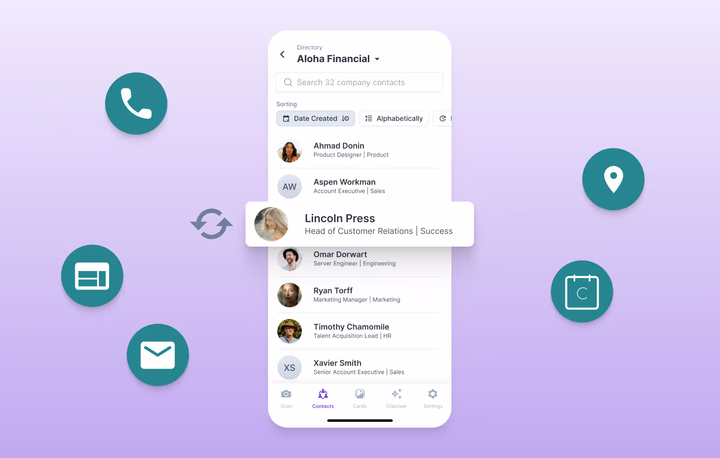 Phone showing HiHello Employee Directory with icons for phone, email, and location, representing automatic contact updates.