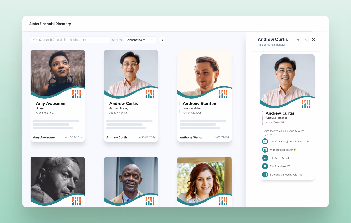 Desktop view of HiHello Employee Directory with multiple digital business cards visible for sharing.
