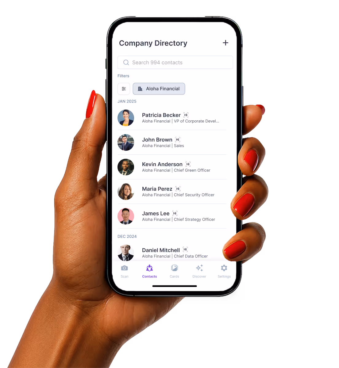 Hand holding a phone displaying HiHello’s Employee Directory with searchable digital business cards.