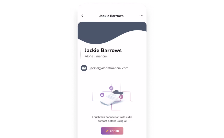 Graphic of HiHello mobile app showing a contact ready to enrich.