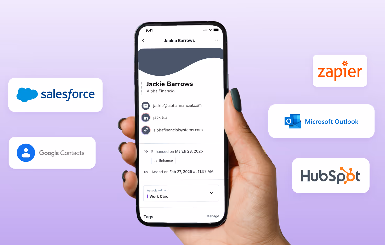 HiHello Contact Enrichment syncing enriched contact records to Salesforce, HubSpot, Microsoft Outlook, Google Contacts, and Zapier.