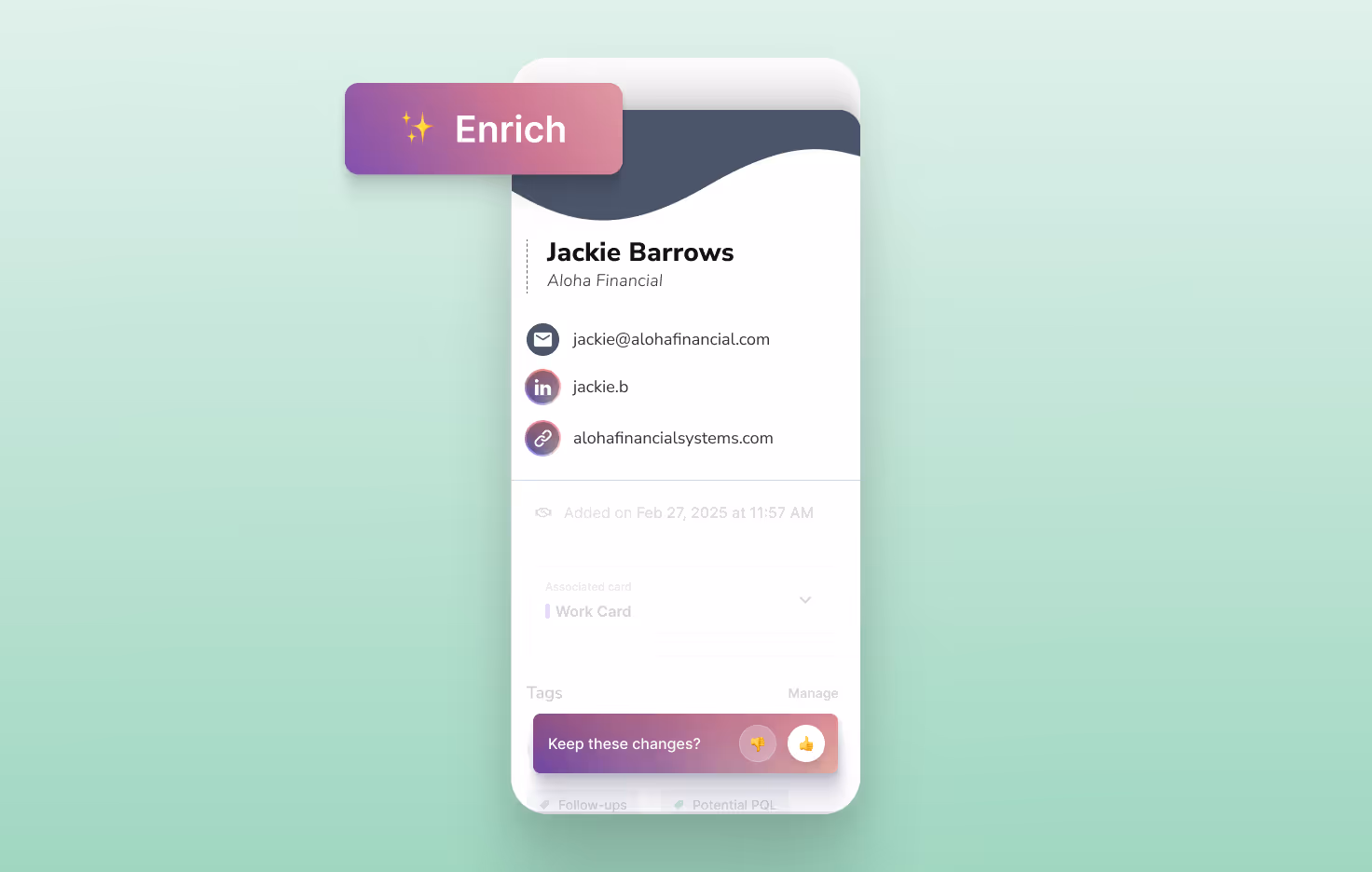 HiHello Contact Enrichment on mobile showing enriched contact details for a complete, reliable record.