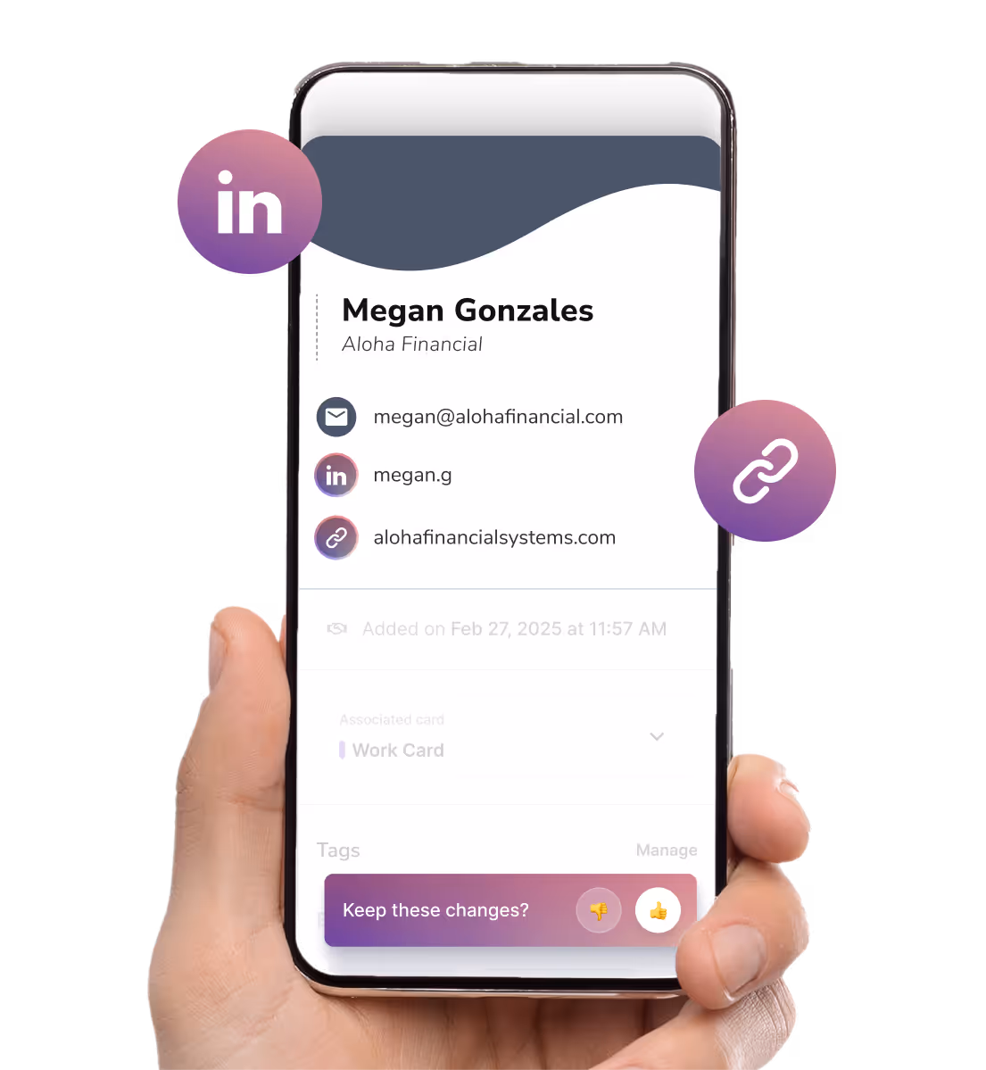 HiHello Contact Enrichment feature showing enriched contact details on mobile with LinkedIn and company information, highlighting trusted data for CRM-ready records.