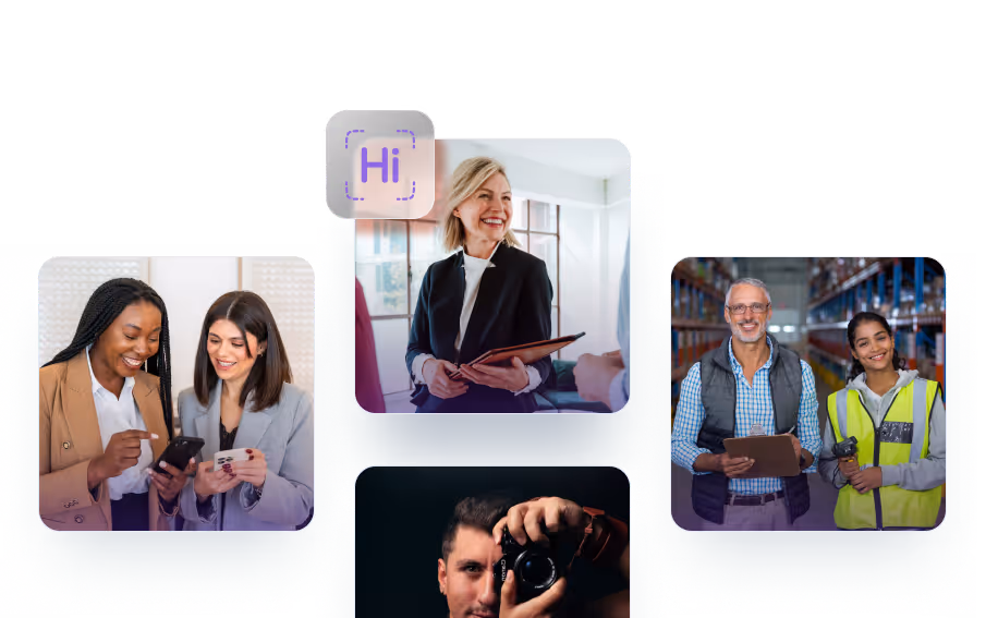Collage of professionals using HiHello digital business cards representing 2,000+ organizations