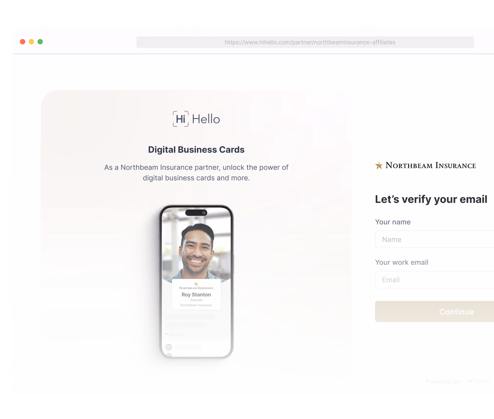 HiHello partner landing page with digital business card preview and email verification form